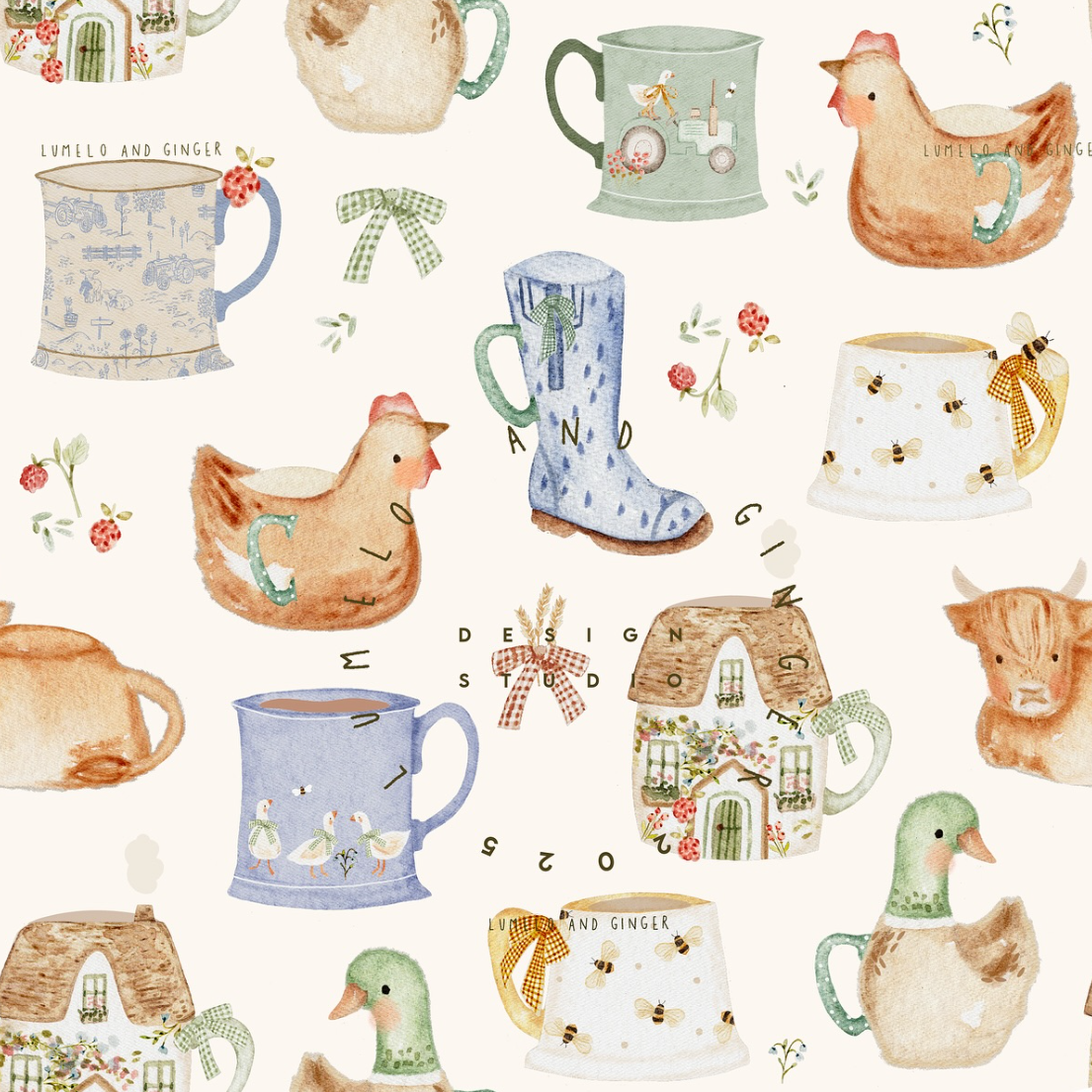 Pattern of mugs, boots, and farm animals on a white background