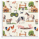 Pattern of farm animals, tractors, and barns on a white background