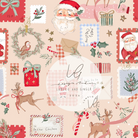 A festive Christmas-themed pattern featuring watercolor illustrations of Santa Claus, reindeer, wreaths, candy canes, envelopes, stars, and holiday stamps on a light pink background. A central white oval watermark reads 'Lil' Elmo and Ginger 2026' with a stylized LV logo.