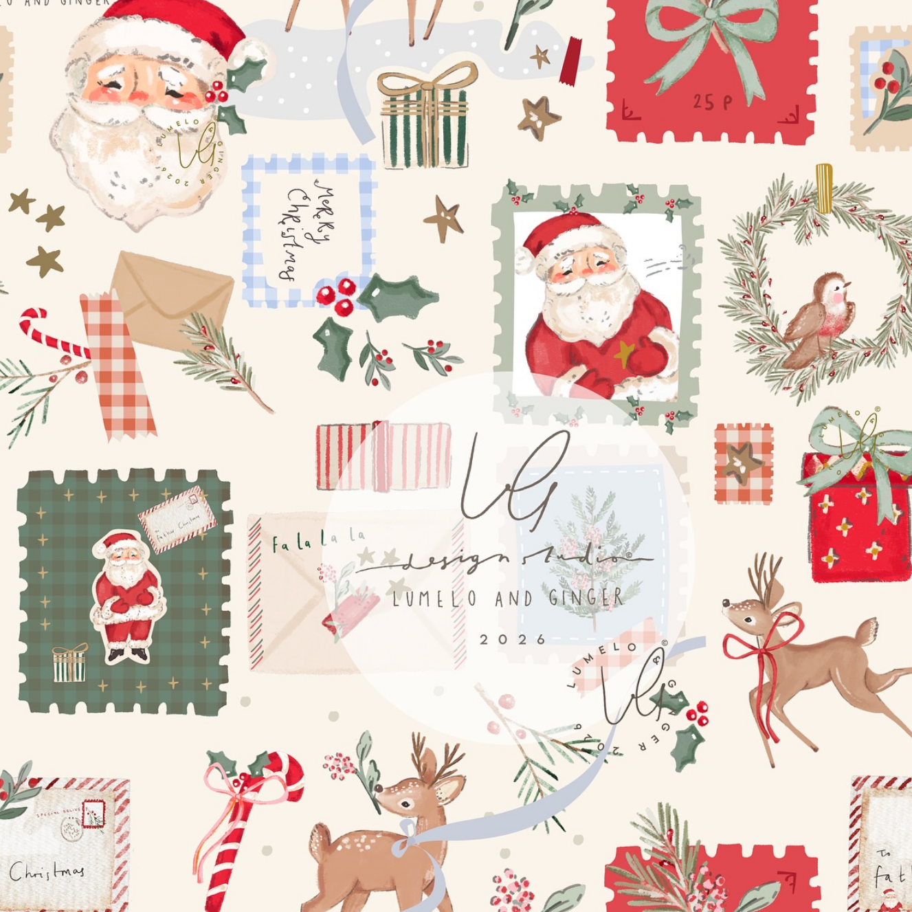 A repeating Christmas-themed pattern on a warm cream background, featuring Santa Claus portraits, postage-style stamps, wrapped gifts, holly, candy canes, wreaths, reindeer, birds, envelopes, and small decorative motifs. A large semi-transparent watermark with the text 'Lumelo and Ginger' is overlaid across the center.