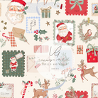 A repeating Christmas-themed pattern on a warm cream background, featuring Santa Claus portraits, postage-style stamps, wrapped gifts, holly, candy canes, wreaths, reindeer, birds, envelopes, and small decorative motifs. A large semi-transparent watermark with the text 'Lumelo and Ginger' is overlaid across the center.
