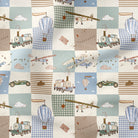 Transport Glide Quilt fabric with vintage airplanes, trains, and hot air balloons in pastel colors