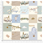 Transport Glide Quilt fabric featuring whimsical airplanes, trains, and clouds in soft pastel shades