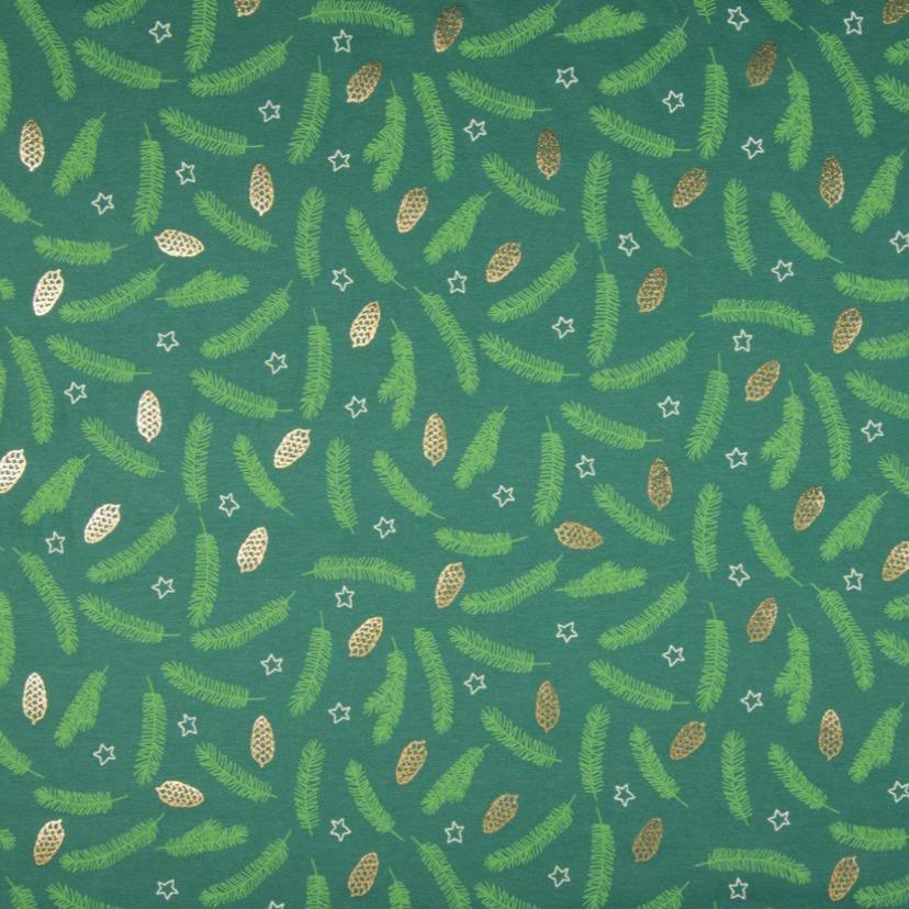 Cotton Jersey Fabric - Foil Printed Pinecones in Green-Jersey Fabric-Jelly Fabrics