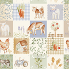 Collage of farm-themed illustrations including animals, plants, and a tractor.