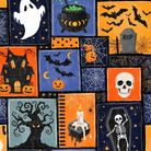 A repeating Halloween-themed collage pattern featuring orange, blue, black, and white panels with ghosts, bats, a cauldron of green potion, a haunted house, tombstones, skulls, cobwebs, a spooky tree, a candle, and a skeleton.