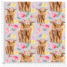 Floral Highland cows pattern on pastel fabric with pink and yellow flowers
