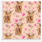 Pattern of Highland cows and pink flowers on fabric with measurement scale
