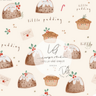 A repeating watercolor-style pattern on a warm cream background featuring small pudding illustrations, candy canes, envelopes, and the Lunello and Ginger brand name in a central white oval.