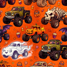 A repeating Halloween-themed illustration pattern on a bright orange background, featuring monster trucks, a skull with large tires, a white ghost truck, pumpkins, cupcakes, bats, candy corn, stars, and mummy elements.