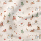 A close-up of a cream-colored fabric with a repeating Christmas teddy bear pattern, featuring soft watercolor illustrations of bears, trees, gingerbread men, and snowman motifs.