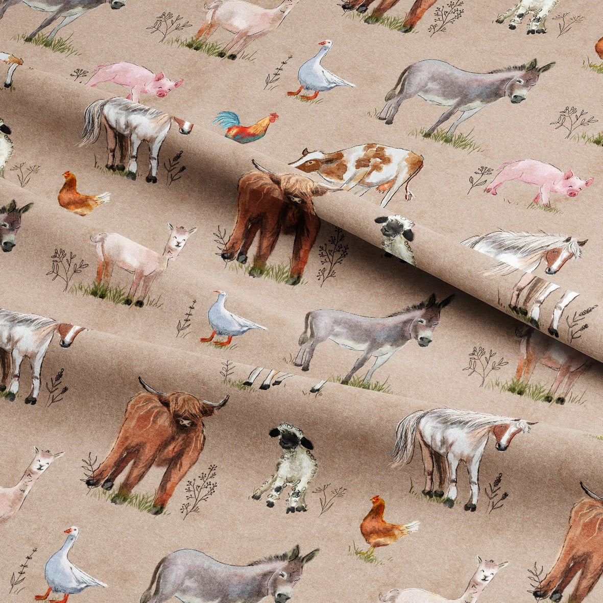 Patterned fabric with various farm animals on a beige background