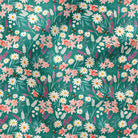 A close-up of a fabric or wallpaper pattern featuring a dense floral print on a dark teal-green background. The design includes white daisies with yellow centers, pink and peach blossoms, and green leaves, interspersed with small yellow and black bumblebees.