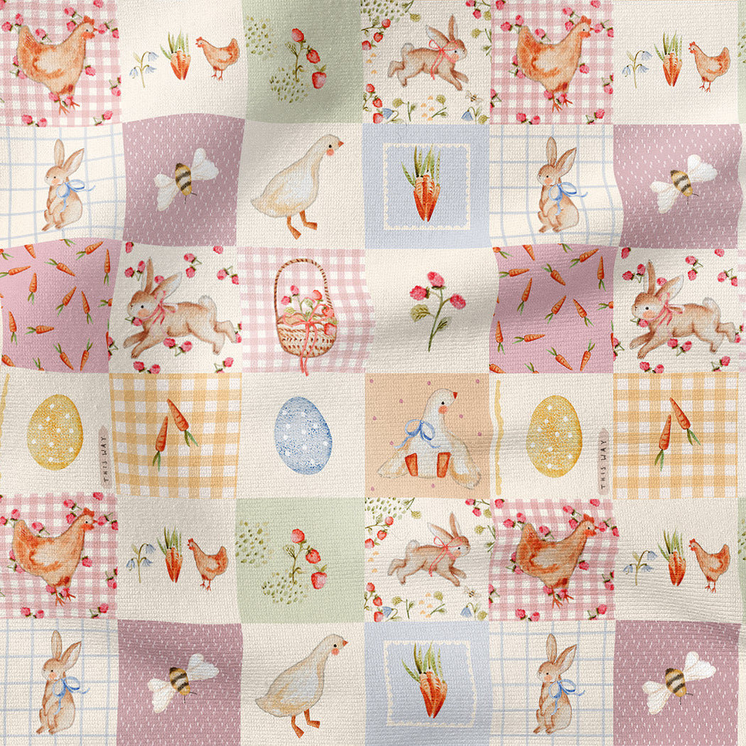 Collage of Easter-themed illustrations including chickens, bunnies, eggs, and carrots on a checkered background.