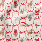 A close-up of a Christmas-themed fabric pattern featuring Santa Claus, reindeer, gifts, holly, pine branches, and red bows on an off-white background.