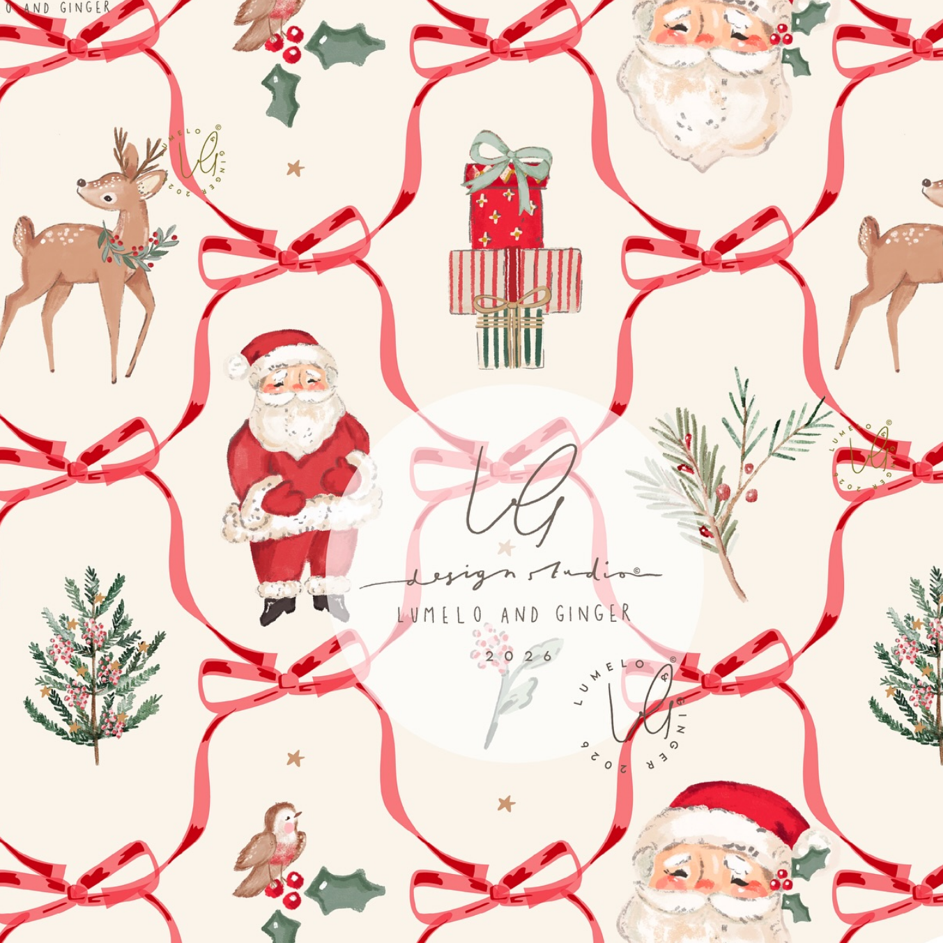 A repeating Christmas-themed pattern on a warm cream background, featuring red bows, Santa Claus, deer, holly, pine branches, a gift box, and a small bird. A central watermark reads 'Lumello and Ginger' with 'Lumello and Ginger Co.