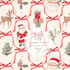 A repeating Christmas-themed pattern on a warm cream background, featuring red bows, Santa Claus, deer, holly, pine branches, a gift box, and a small bird. A central watermark reads 'Lumello and Ginger' with 'Lumello and Ginger Co.