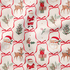 A close-up of a Christmas-themed fabric pattern featuring Santa Claus, reindeer, gifts, holly, pine branches, and red bows on an off-white background.