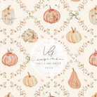 Pattern of pumpkins and flowers with 'Lumelo and Ginger' branding on a light background.