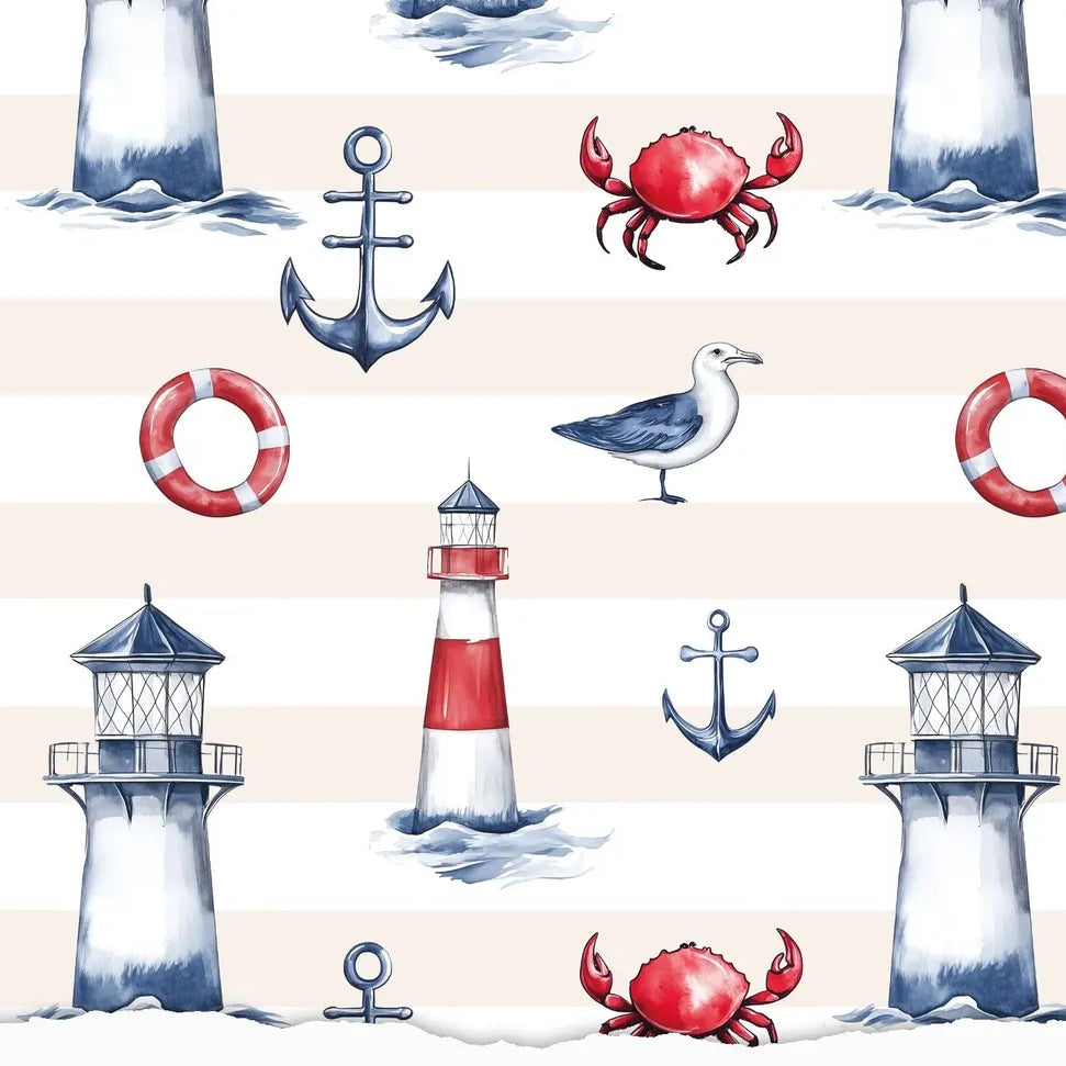 Nautical pattern with lighthouses, anchors, crabs, and life buoys on a striped background.