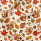 A repeating autumn-themed pattern featuring illustrated squirrels holding acorns, maple leaves in red, orange, and yellow, oak acorns, and small berry clusters on an off-white background.