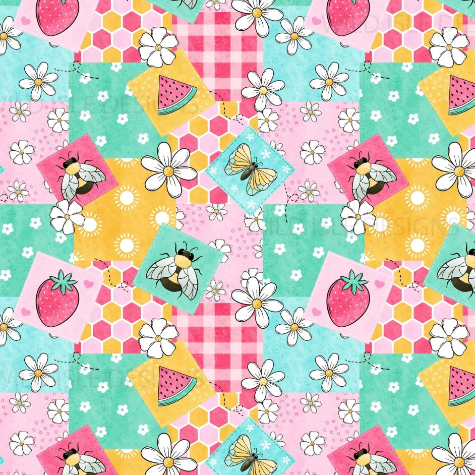 Colorful floral and bee pattern fabric with strawberries and honeycomb motifs