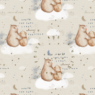 Pattern of bears and clouds on a beige background with text.