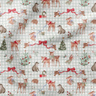 A festive Christmas-themed fabric pattern featuring watercolor illustrations of deer, dogs, cats, Christmas trees, and red bows over a light gray and white gingham background.