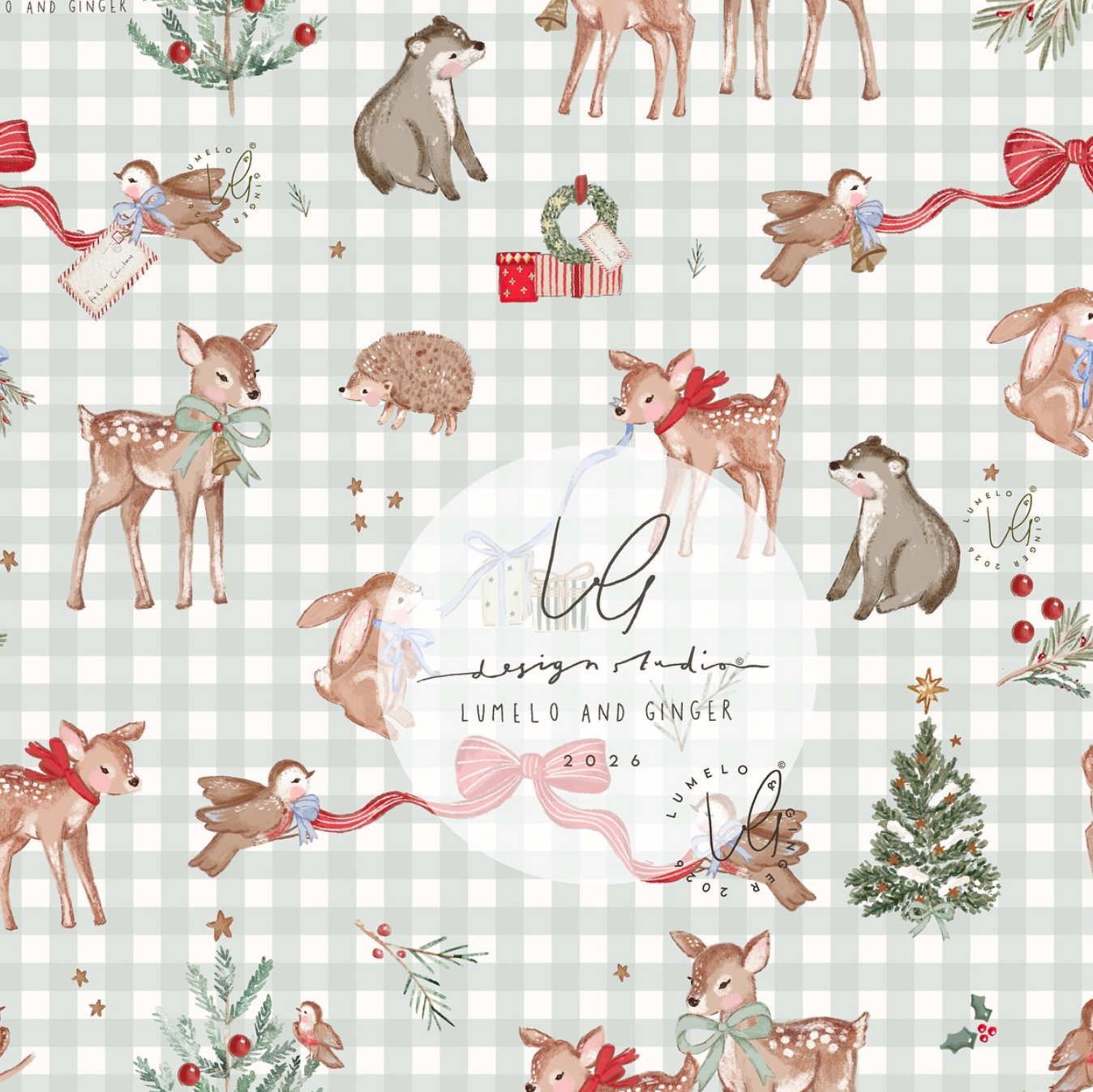 A repeating Christmas-themed pattern featuring watercolor-style deer, rabbits, birds, a Christmas tree, ornaments, and ribbons on a pale green-and-white gingham background, with a large white oval watermark in the center reading 'Lunello and Ginger' and 'Design Studio 2026.'.