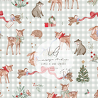 A repeating Christmas-themed pattern featuring watercolor-style deer, rabbits, birds, a Christmas tree, ornaments, and ribbons on a pale green-and-white gingham background, with a large white oval watermark in the center reading 'Lunello and Ginger' and 'Design Studio 2026.'.