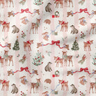 A repeating Christmas-themed pattern featuring deer, dogs, cats, hedgehogs, birds, evergreen trees, wreaths, and red ribbon bows on a pale pink striped background.
