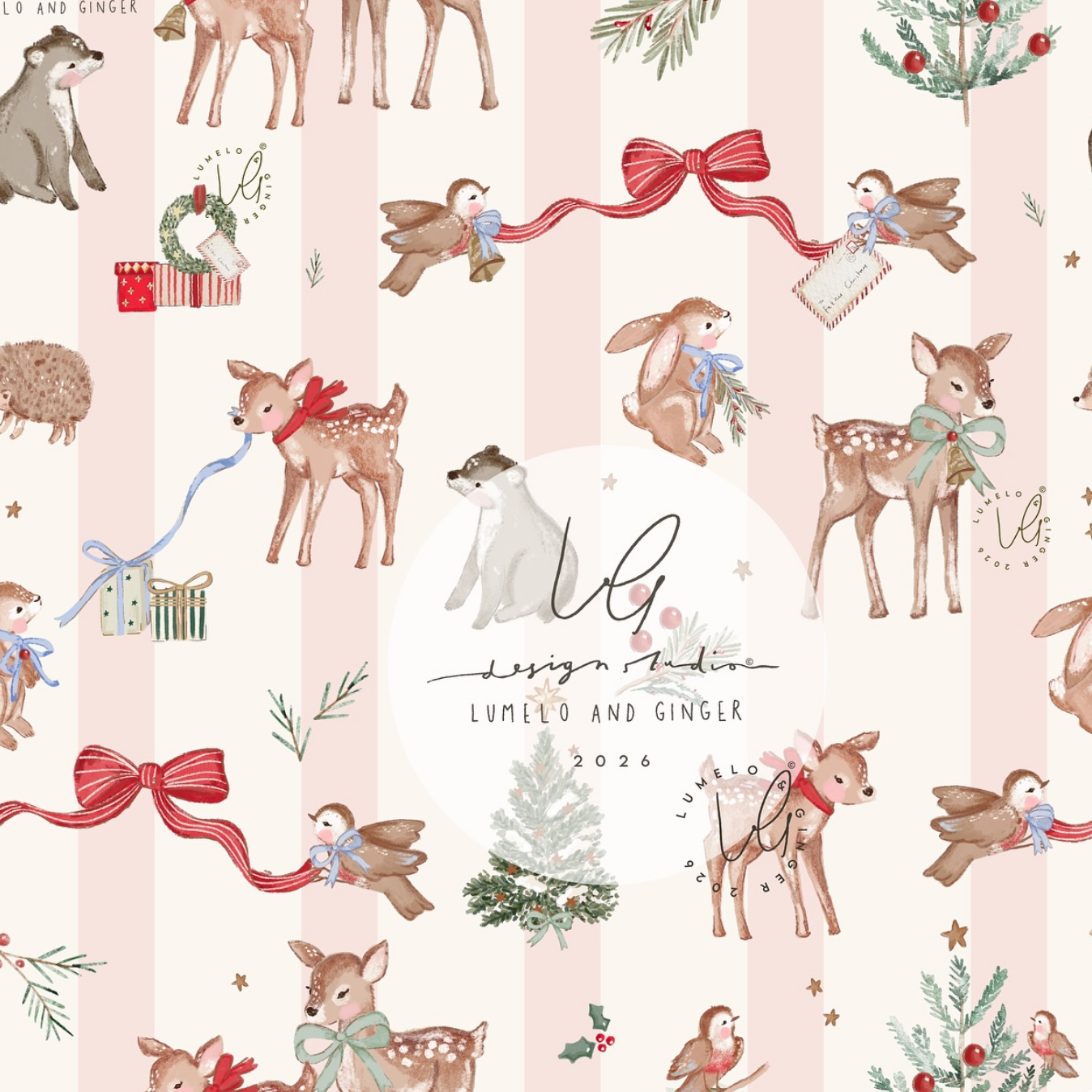A repeating Christmas-themed pattern on a pale pink striped background, featuring watercolor-style deer, rabbits, birds, gifts, evergreen trees, and red bows. A central white oval contains the text 'Lumelo and Ginger 2026' with a decorative monogram.