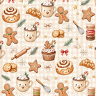 A repeating illustrated pattern of holiday treats and cozy drinks on a light beige gingham background, including gingerbread people, cinnamon rolls, croissants, cupcakes, macarons, coffee mugs with whipped cream and candy canes, stars, snowflakes, bows, and rolling pins.