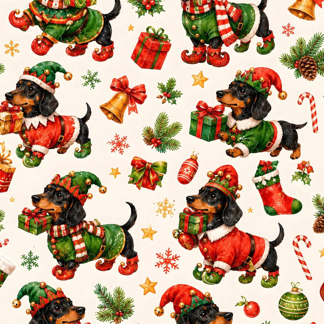 A repeating Christmas pattern featuring dachshunds dressed as elves, with red and green outfits, Santa hats, gift boxes, stockings, ornaments, candy canes, pinecones, and snowflakes on a cream background.