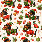 A repeating Christmas pattern featuring dachshunds dressed as elves, with red and green outfits, Santa hats, gift boxes, stockings, ornaments, candy canes, pinecones, and snowflakes on a cream background.