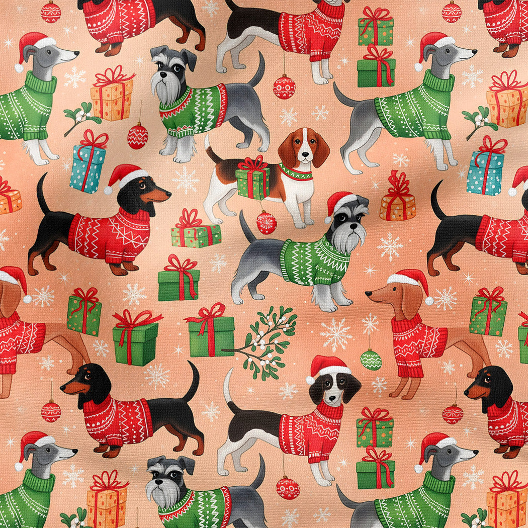 A repeating Christmas-themed pattern featuring dachshunds wearing red and green knitted sweaters, Santa hats, wrapped presents, ornaments, holly, and snowflakes on a peach background.