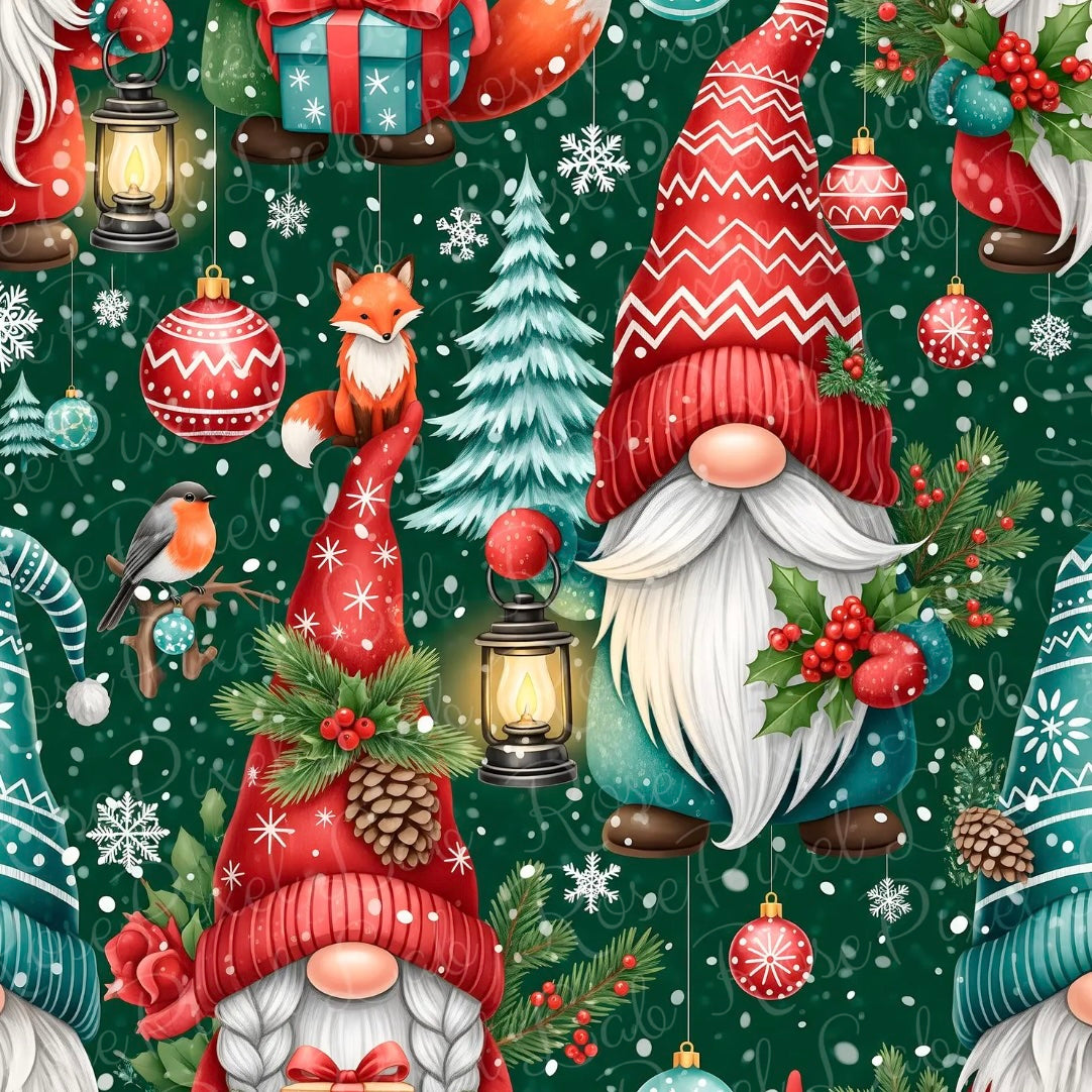 A festive Christmas-themed seamless pattern featuring gnome figures in red hats, lanterns, snowflakes, evergreen trees, foxes, robins, pinecones, and red ornaments on a dark green background.
