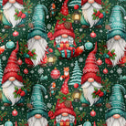 A repeating Christmas gnome pattern on a dark green background, featuring red and teal knit hats, white beards, lanterns, ornaments, evergreen trees, snowflakes, and small birds.