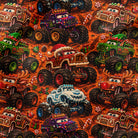 A close-up of a repeating pattern featuring colorful cartoon monster trucks on an orange background with candy cane motifs.