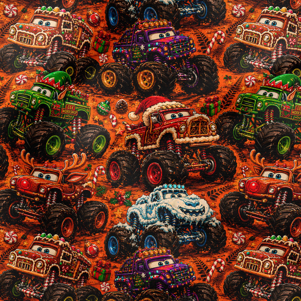 A close-up of a repeating pattern featuring colorful cartoon monster trucks on an orange background with candy cane motifs.