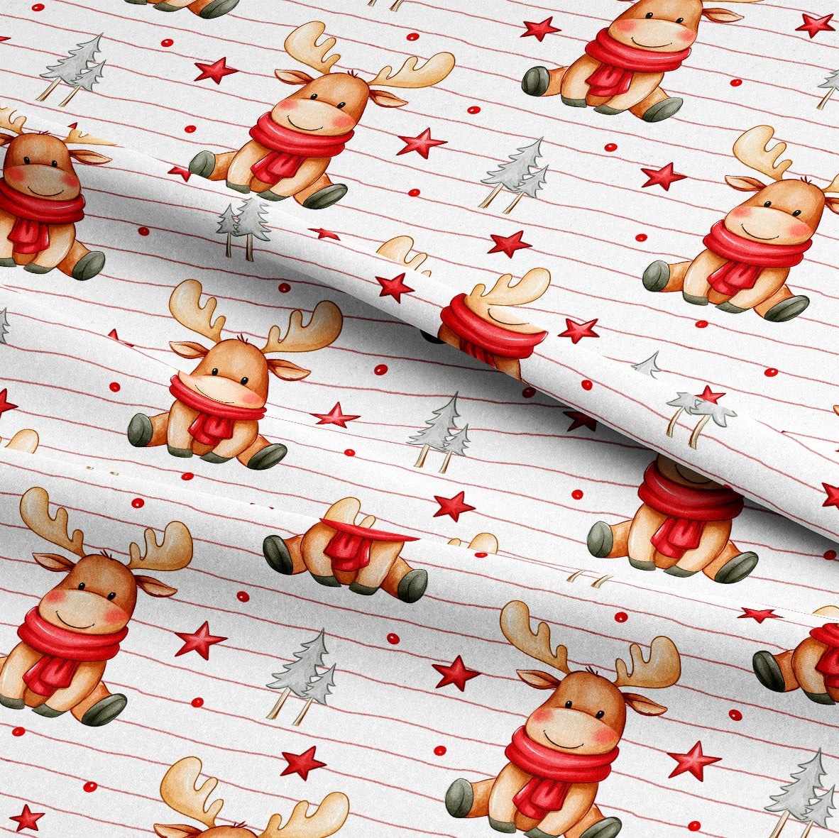 White fabric with a repeating Christmas pattern featuring cartoon reindeer wearing red scarves, red stars, and small gray Christmas trees.