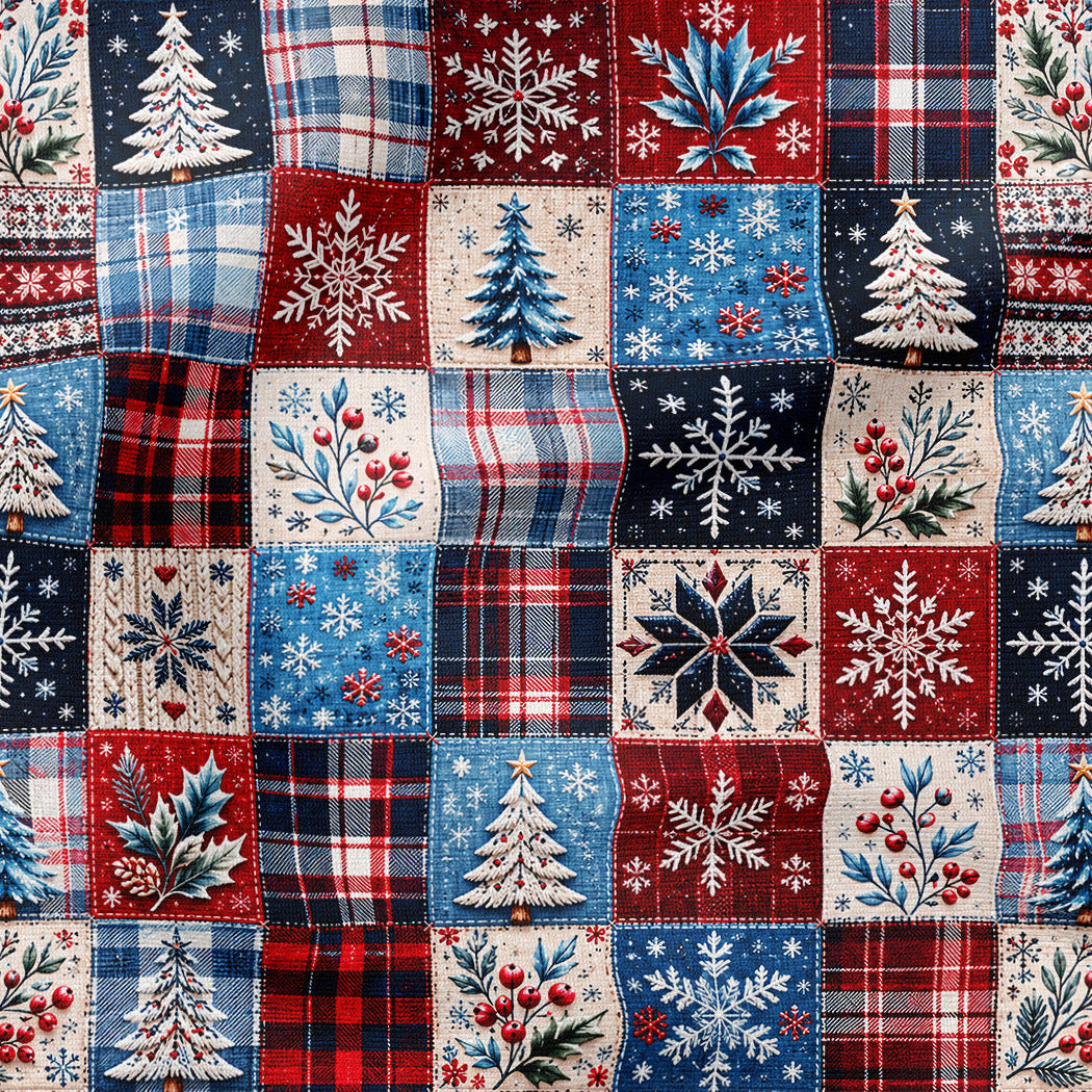 A close-up of a patchwork fabric featuring various square panels with red, blue, and cream holiday designs including snowflakes, Christmas trees, plaid patterns, and floral motifs.