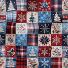 A close-up of a patchwork fabric featuring various square panels with red, blue, and cream holiday designs including snowflakes, Christmas trees, plaid patterns, and floral motifs.