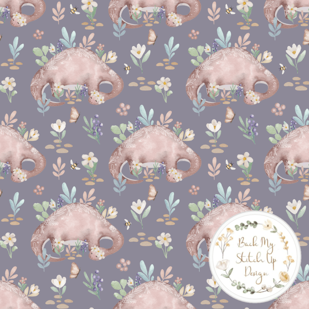PRE-ORDER!!! - Cotton Jersey - Dinosaur Daisy in Lavender (EXCLUSIVE) (due Mar)-Jersey Fabric-Jelly Fabrics