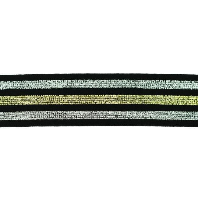 Elastic - Gold and Silver Stripes on Black elastic 40mm-Elastic-Jelly Fabrics
