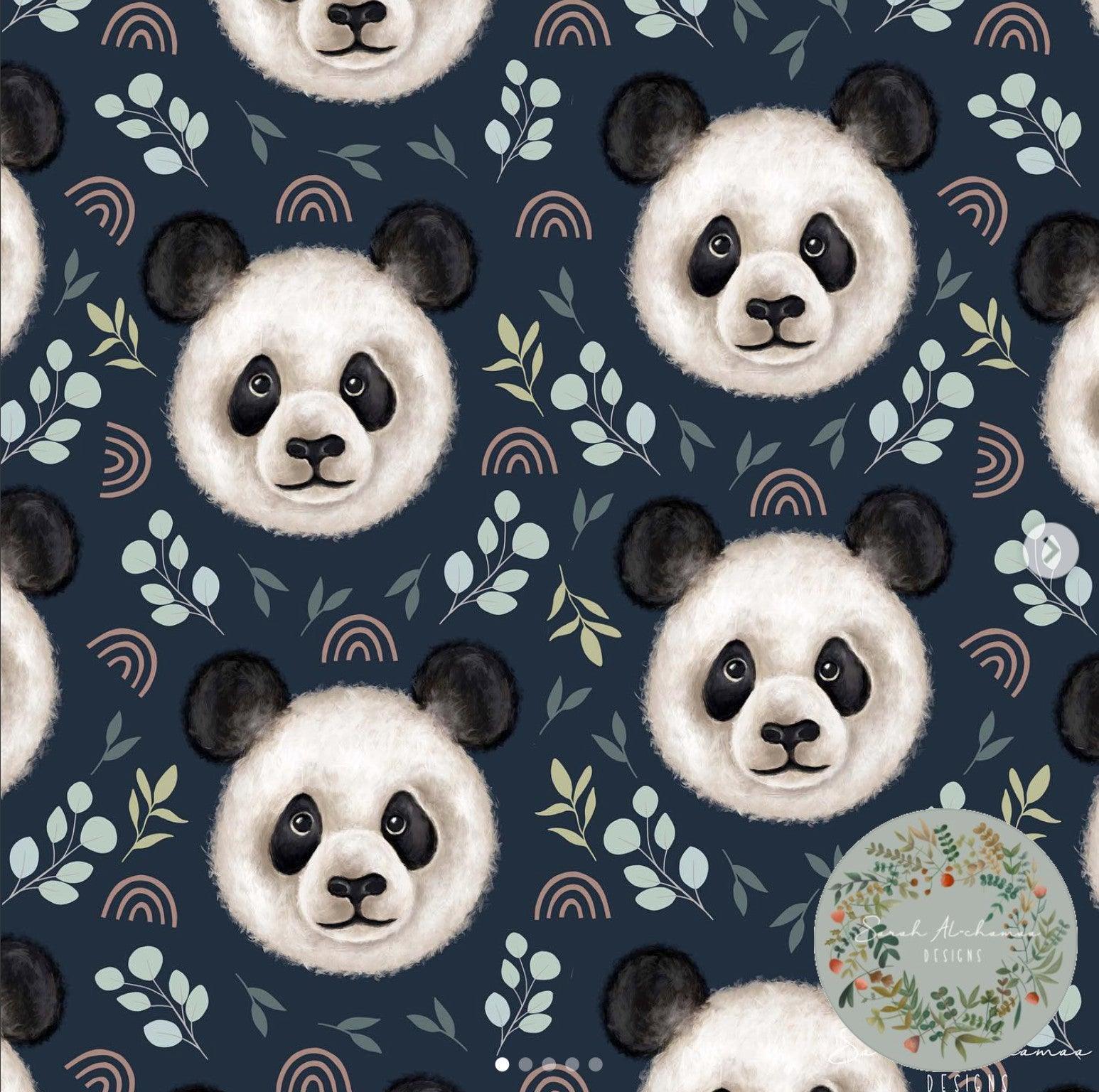 Organic Cotton Jersey - Floral Pandas in Navy (EXCLUSIVE)-Jersey Fabric-Jelly Fabrics