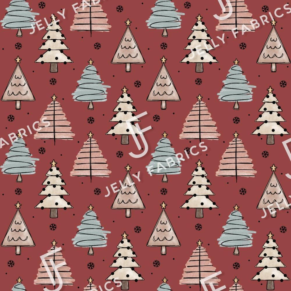 PRE-ORDER!!! - Christmas Trees in Muted Red (EXCLUSIVE) (due July)-Jersey Fabric-Jelly Fabrics