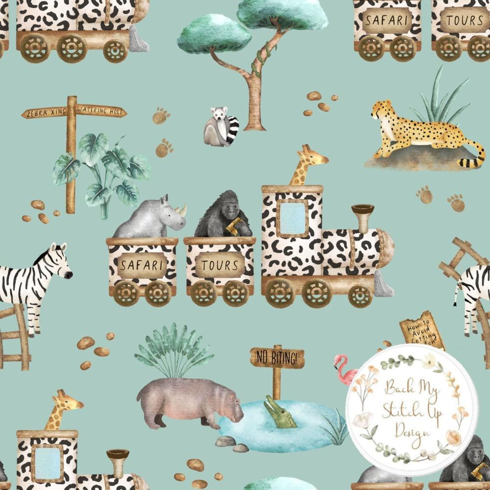PRE-ORDER!!! - Cotton Jersey - Safari Tour in Eucalyptus (EXCLUSIVE) (due July)-Jersey Fabric-Jelly Fabrics