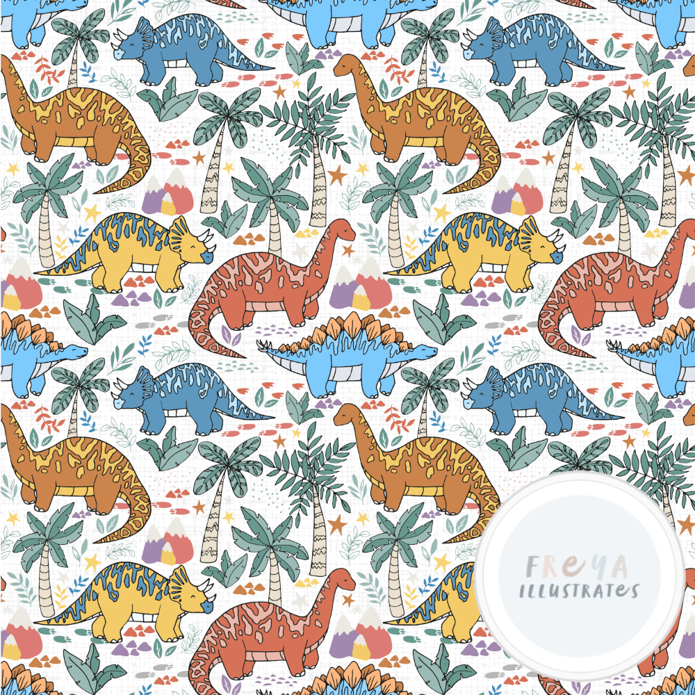 PRE-ORDER!!! - Cotton Jersey - Dino Parade in Bright (due July)-Jersey Fabric-Jelly Fabrics