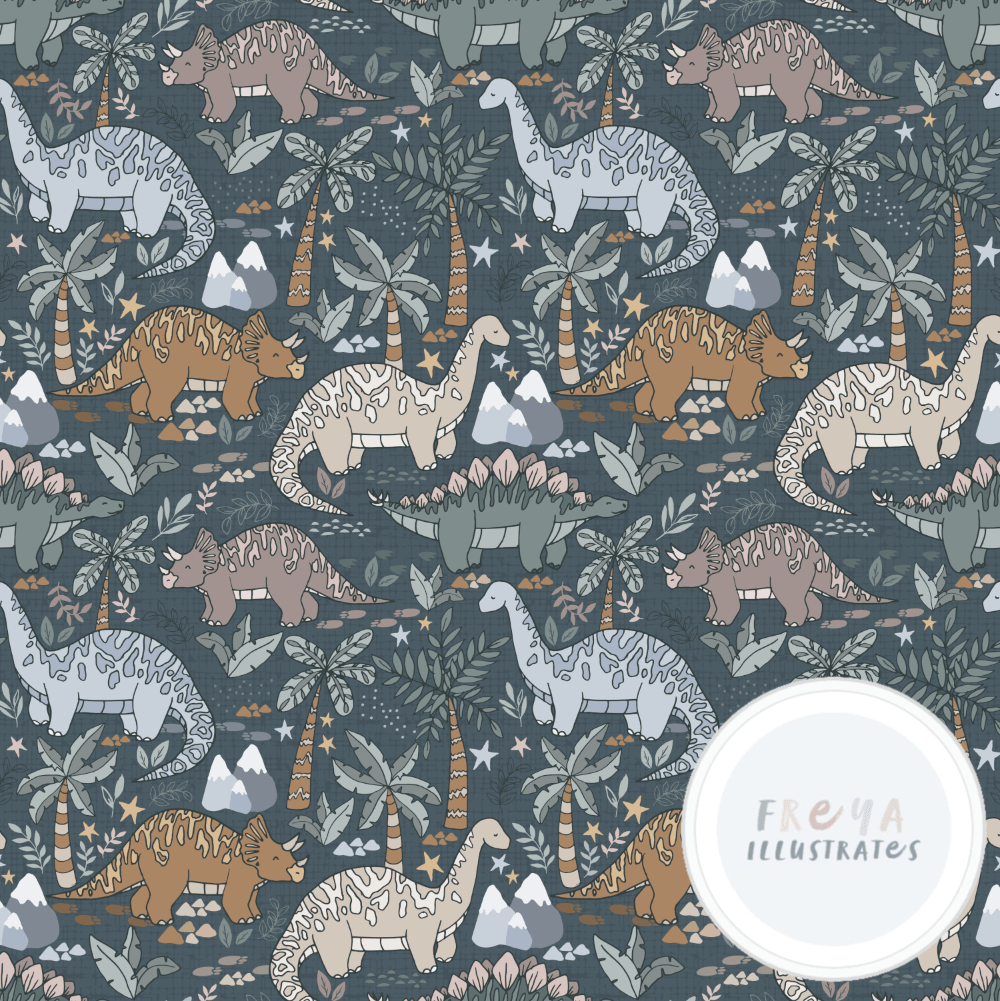 Cotton Jersey - Dino Parade in Dark Denim-Jersey Fabric-Jelly Fabrics